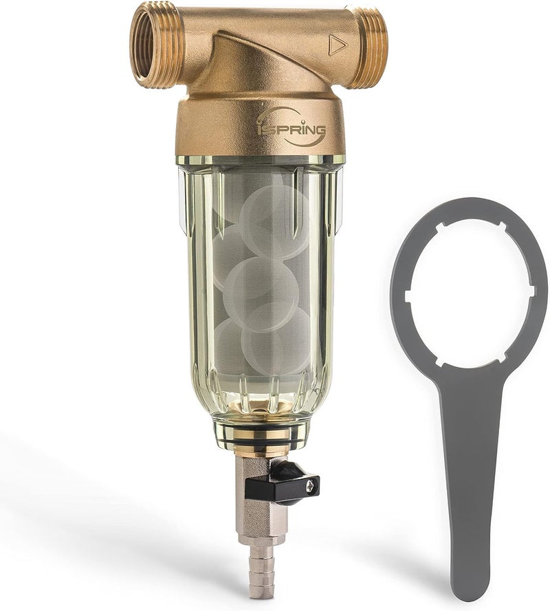 iSpring WSP-100SL Reusable Whole House Spin Down Sediment Water Filter, Siliphos Helps Prevent Scale and Corrosion, 1"" MNPT + 3/4"" FNPT, 100 Micron - Image 1